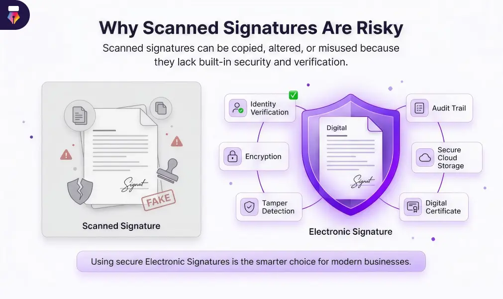 Infographic explaining why scanned signatures are less secure than electronic signatures and vulnerable to fraud