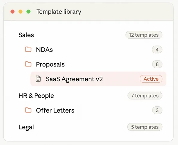 Template library with folder organization, permissions, sharing, sub-folders, and search